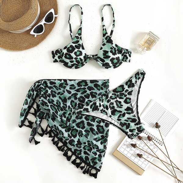 

3pack Leopard Underwire Bikini Swimsuit & Beach Skirt, Multicolor