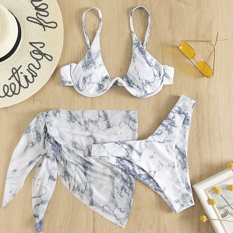 

3pack Marble Print Bikini Swimsuit & Beach Skirt, Multicolor