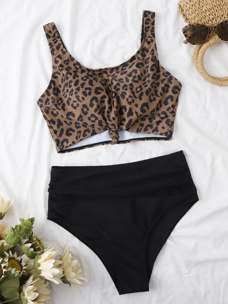 2 Pieces Leopard Print Vacation Beach Swimwear, Print Design Varies Summer
