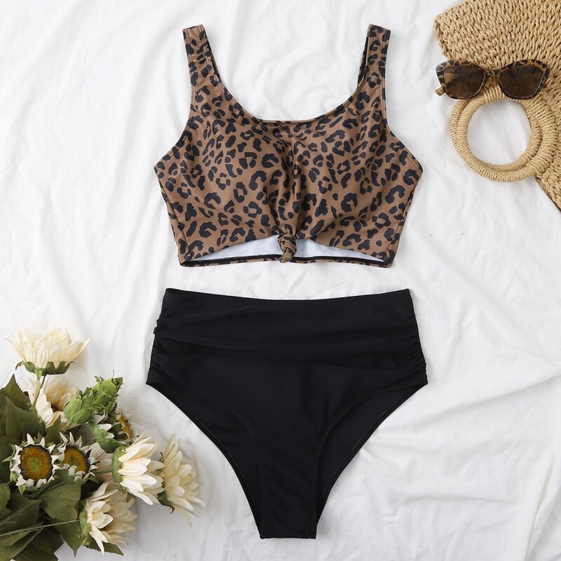 

Leopard Knot Front High Waisted Bikini Swimsuit, Coffee brown