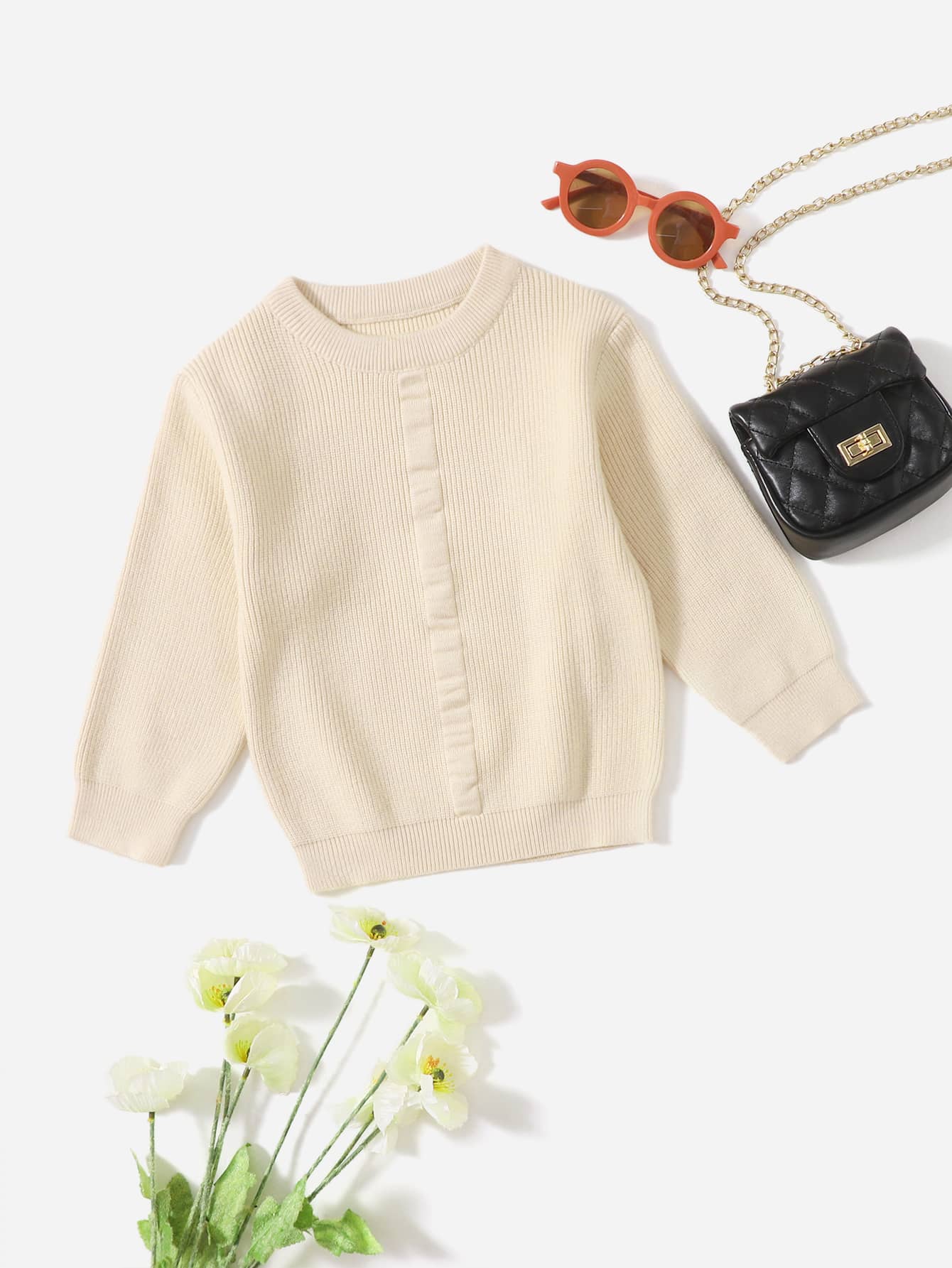 小女童條紋針織圓領套頭毛衣 - 杏色 - 查看 1