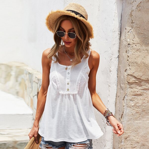 

Solid Buttoned Contrast Lace Tank Top, White