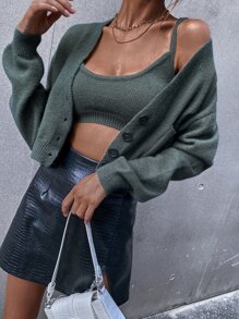 套頭毛衣吊帶上衣和開襟衫套裝 - 墨綠色 - 查看 1