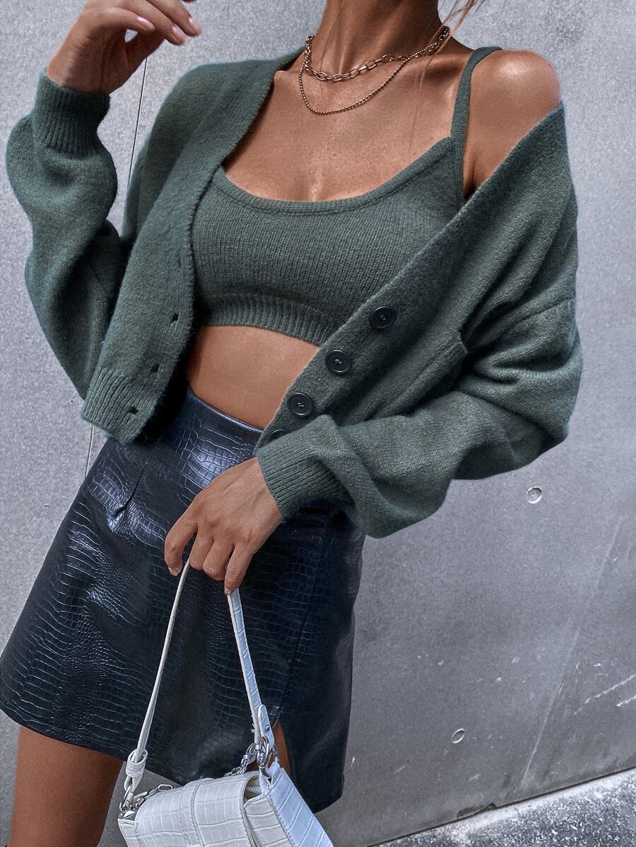 套頭毛衣吊帶上衣和開襟衫套裝 - 墨綠色 - 查看 1