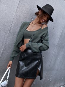 套頭毛衣吊帶上衣和開襟衫套裝 - 墨綠色 - 查看 4