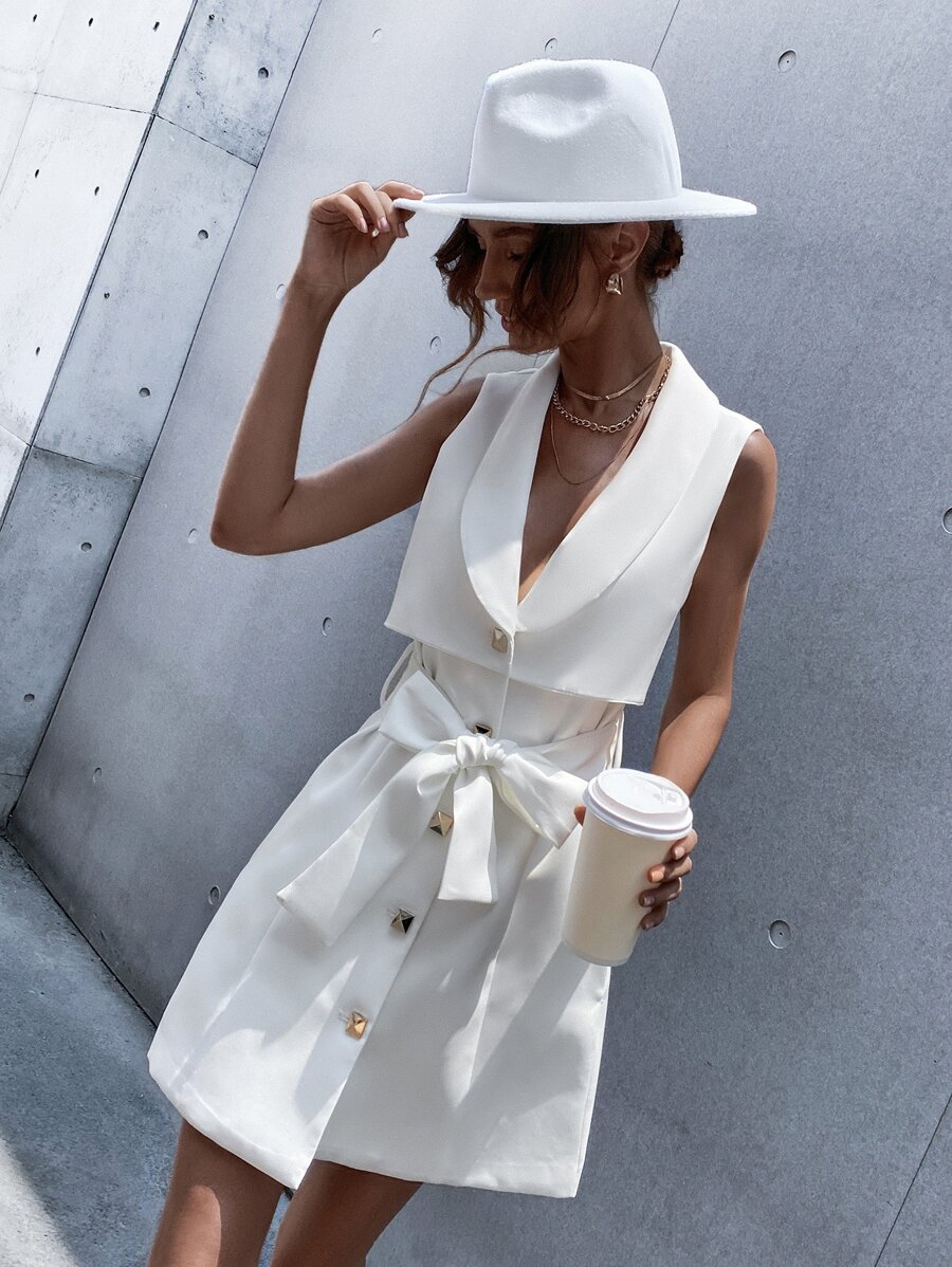 Solid Belted Sleeveless Button Front Dress - White - View 1