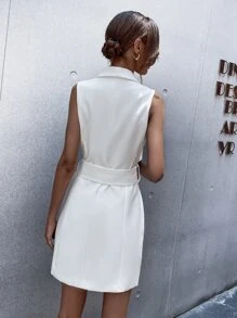 Solid Belted Sleeveless Button Front Dress - White - View 2