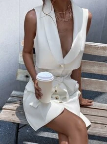 Solid Belted Sleeveless Button Front Dress - White - View 4