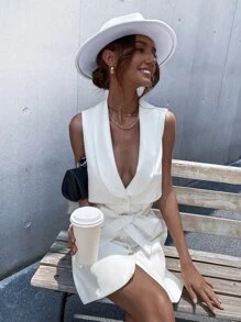 Solid Belted Sleeveless Button Front Dress - White - View 5