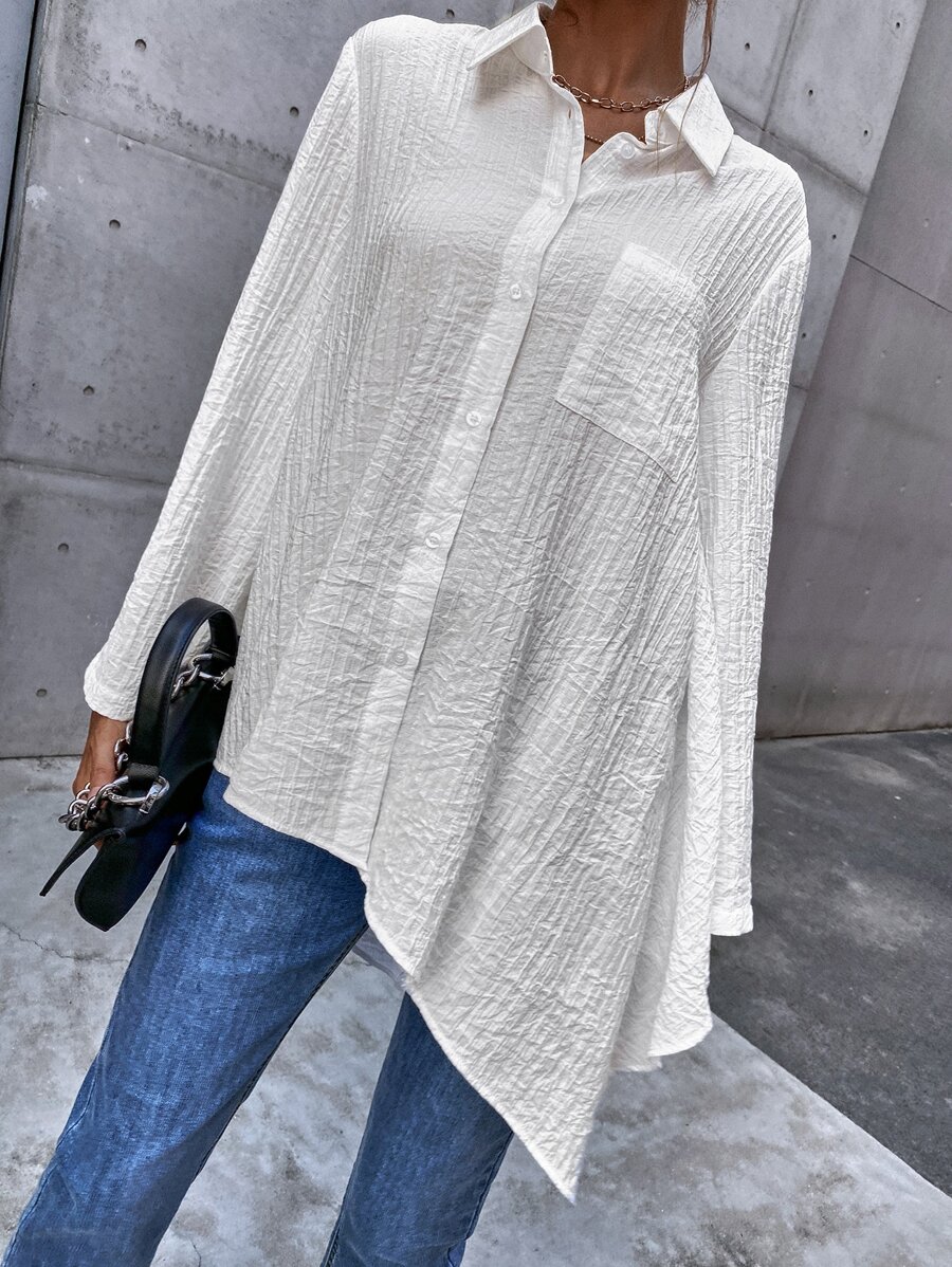 Solid Pocket Front Asymmetrical Hem Shirt - White - View 1