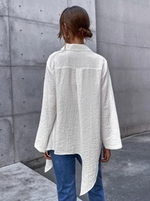 Solid Pocket Front Asymmetrical Hem Shirt - White - View 2