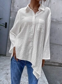 Solid Pocket Front Asymmetrical Hem Shirt - White - View 3