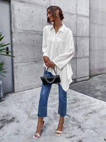 Solid Pocket Front Asymmetrical Hem Shirt - White - View 4