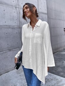 Solid Pocket Front Asymmetrical Hem Shirt - White - View 6