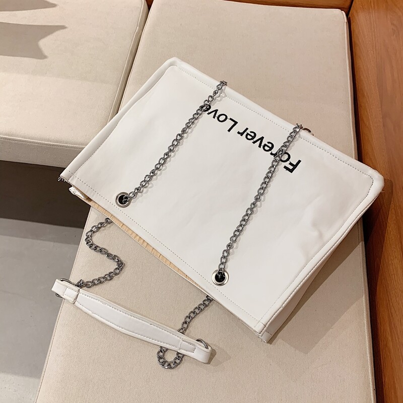 

Letter Embroidered Chain Tote Bag, White