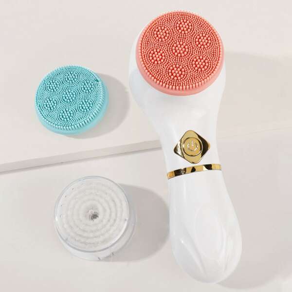 

Electric Silicone Facial Cleansing Tool With 3pcs Brush Head, White
