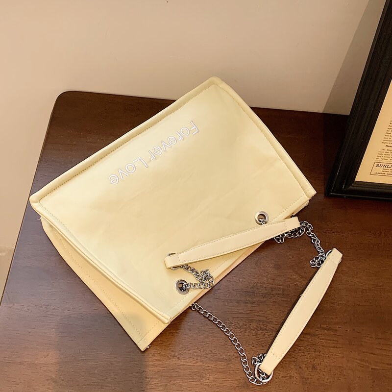 

Letter Embroidered Chain Tote Bag, Yellow