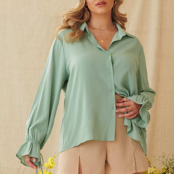 

Plus Flounce Sleeve Button Front Blouse, Green