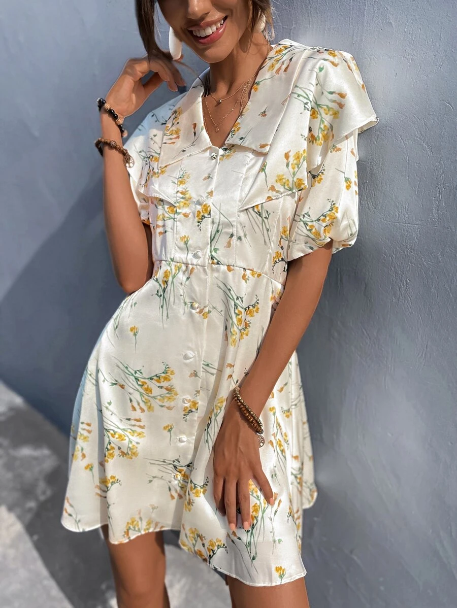 Floral Print Shirt Dress - Beige - View 1