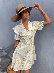 Floral Print Shirt Dress - Beige - View 3