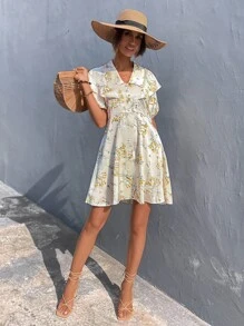 Floral Print Shirt Dress - Beige - View 4