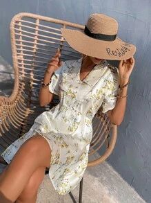 Floral Print Shirt Dress - Beige - View 6