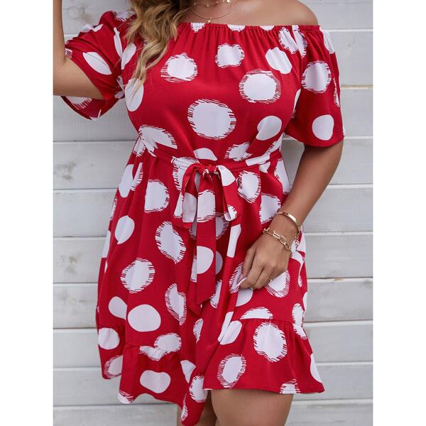 

Plus Polka Dot Off Shoulder Tie Front Dress, Red