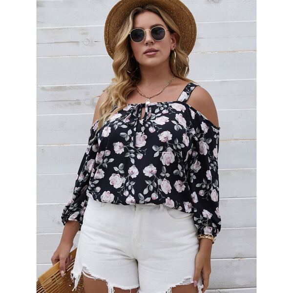 

Plus Allover Floral Tie Neck Cold Shoulder Blouse, Multicolor