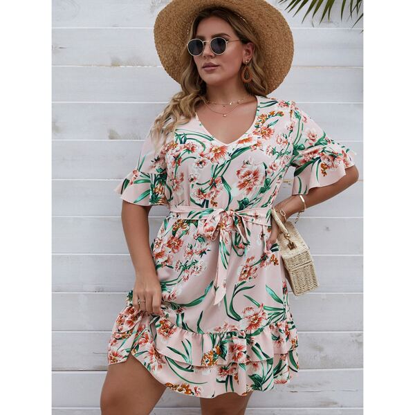 

Plus Allover Floral Layered Ruffle Hem Belted Dress, Multicolor