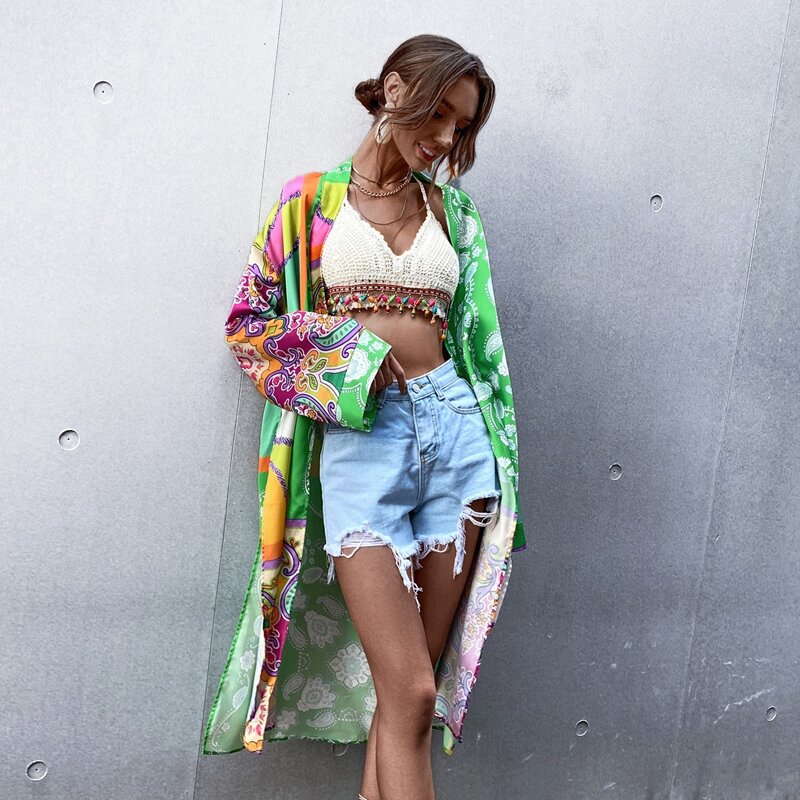 

Paisley Print Longline Kimono, Green