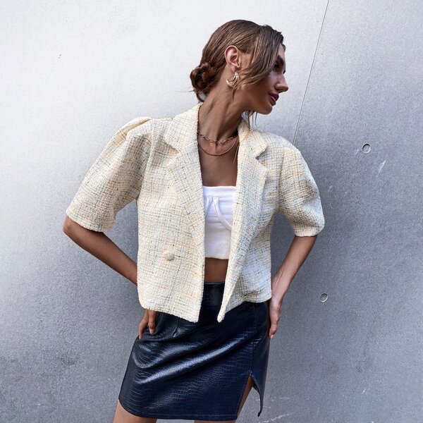 

Lapel Neck Double Breasted Tweed Blazer, Beige