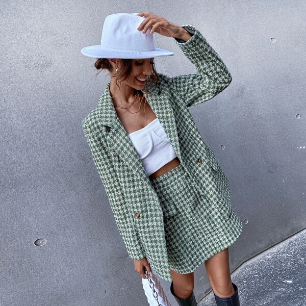 

Gingham Tweed Lapel Collar Blazer, Green