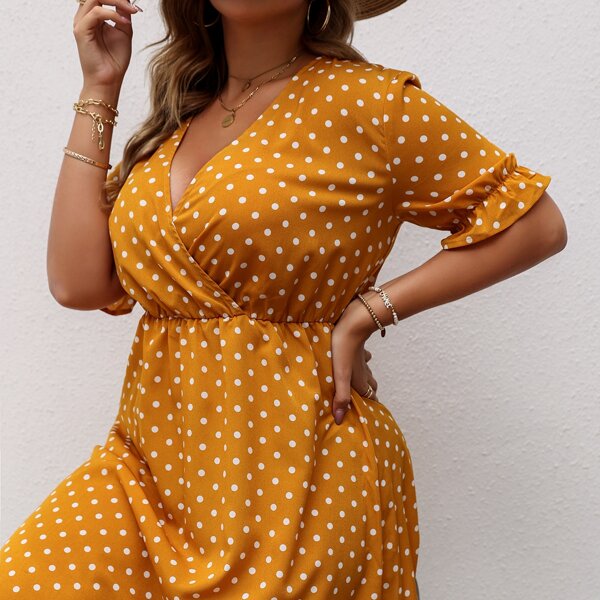 

Plus Polka Dot Surplice Front Dress, Yellow