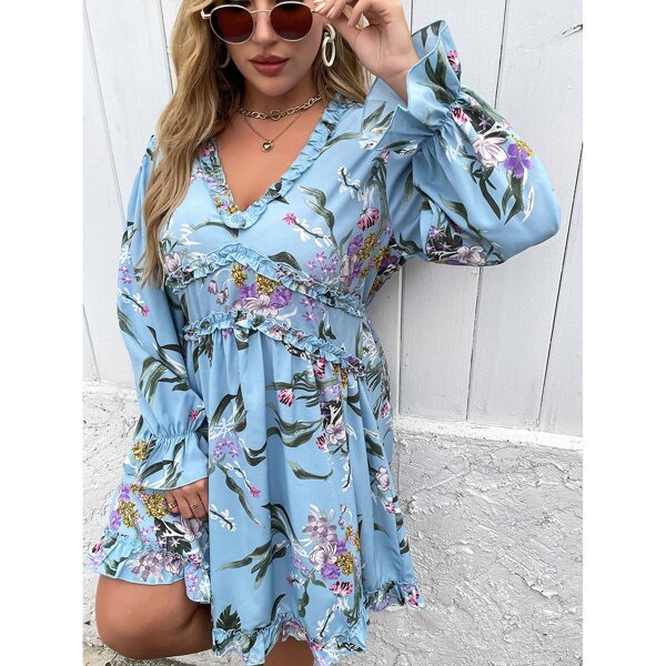 

Plus Floral Print Frill Trim Ruffle Hem Dress, Blue