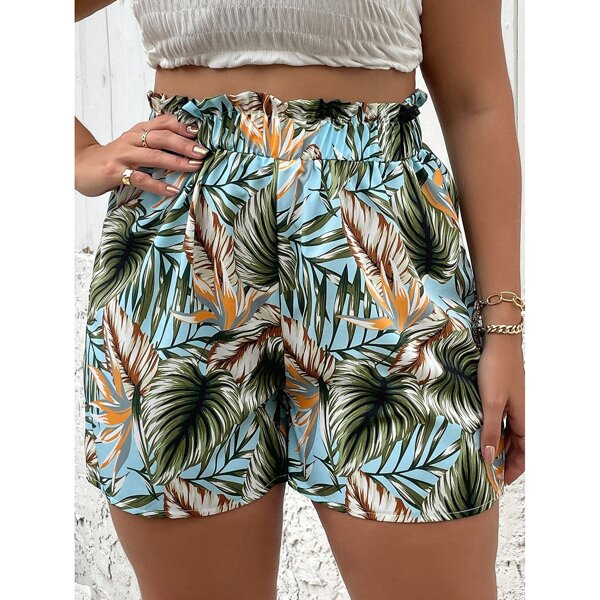 

Plus Paperbag Waist Tropical Shorts, Multicolor