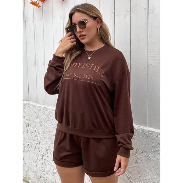 

Plus Letter Embroidery Sweatshirt & Track Shorts, Coffee brown