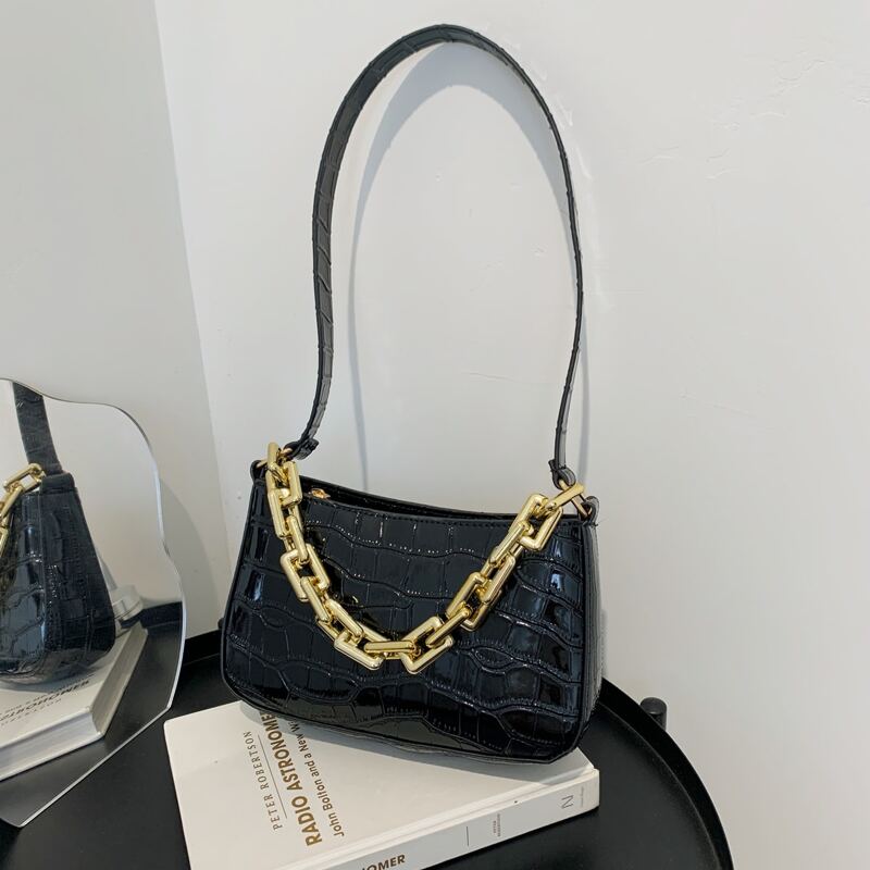 

Chain Decor Croc Embossed Baguette Bag, Black