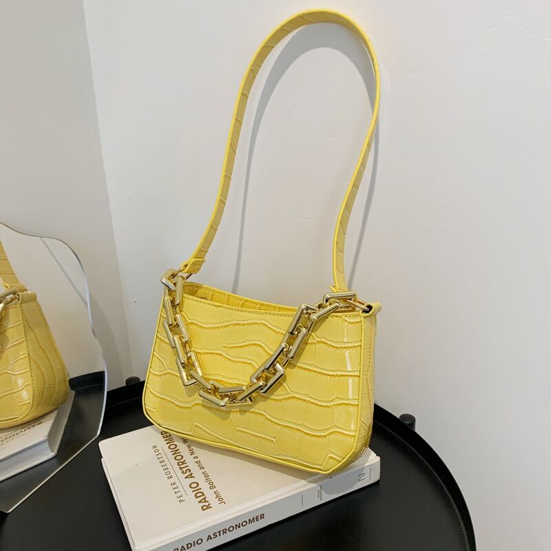 

Chain Decor Croc Embossed Baguette Bag, Yellow