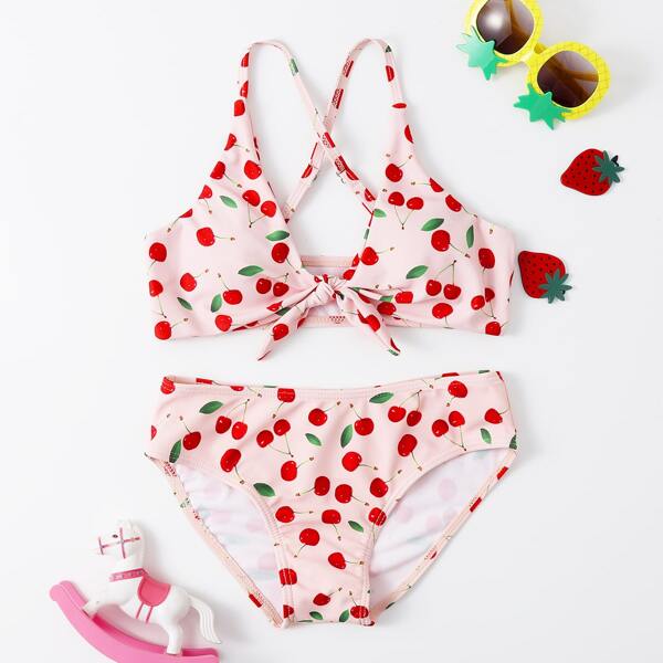 

Girls Cherry Print Knot Front Bikini Swimsuit, Multicolor