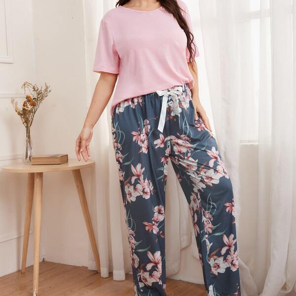 

Plus Floral Print Bow Detail PJ Set, Multicolor