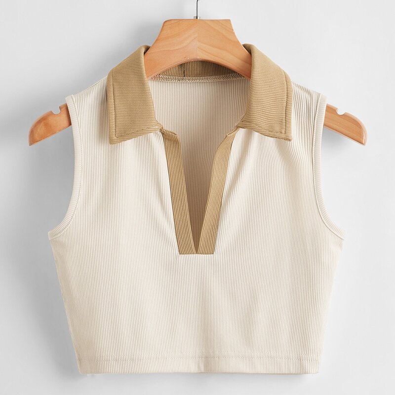 

Colorblock Collar Ribbed Tank Top, Apricot