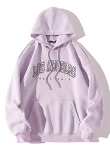Flirla Plus Size Letter Graphic Kangaroo Pocket Thermal Lined Sweatshirt - Lilac Purple - View 1
