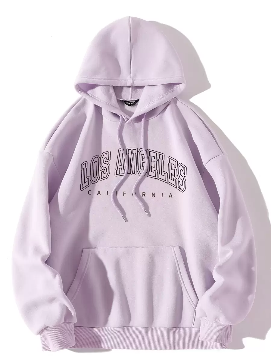 Flirla Plus Size Letter Graphic Kangaroo Pocket Thermal Lined Sweatshirt - Lilac Purple - View 1