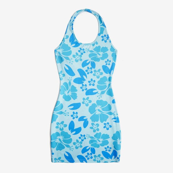 

Plus Allover Floral Print Halterneck Dress, Blue