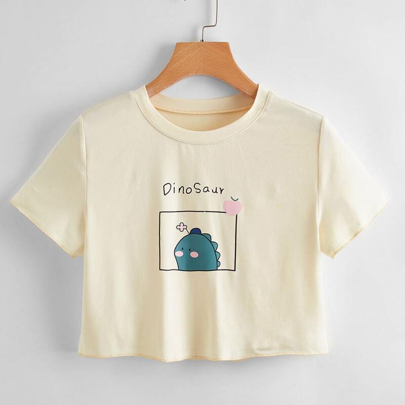 

Letter Dinosaur Graphic Crop Tee, Beige