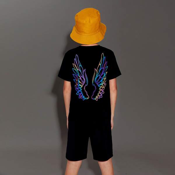 

Boys Wing Print Top And Shorts Set, Black