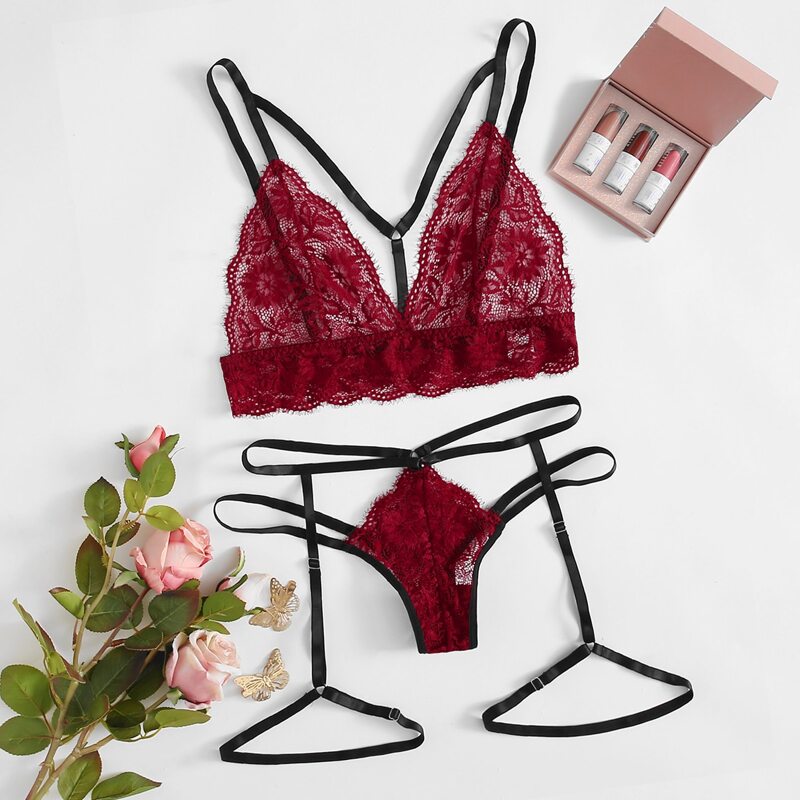 

Floral Lace Garter Lingerie Set, Burgundy