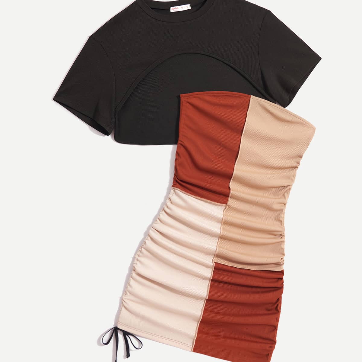 

Solid Crop Top & Colorblock Drawstring Side Skirt, Multicolor