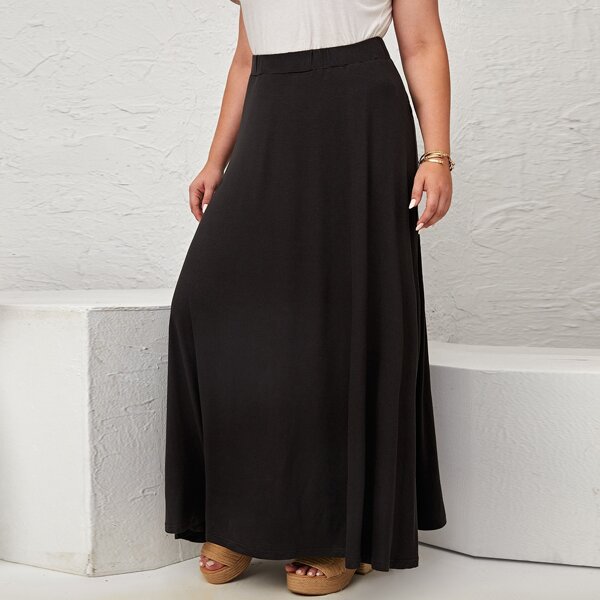 

Plus Solid High Waist Skirt, Black