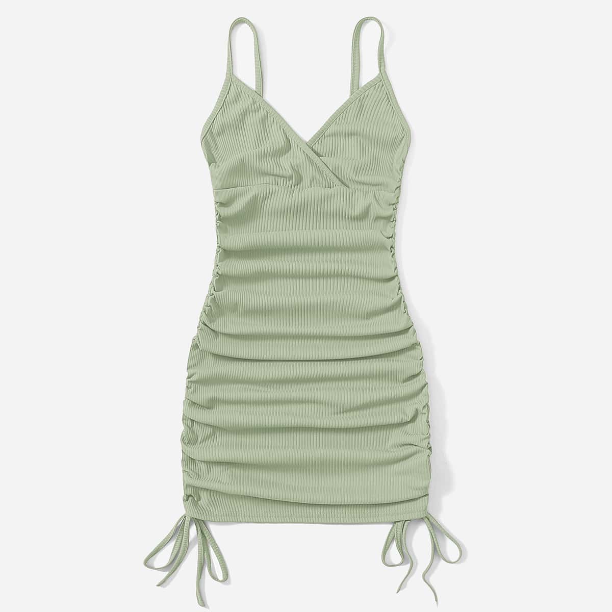 

Solid Drawstring Ruched Bodycon Dress, Lime green